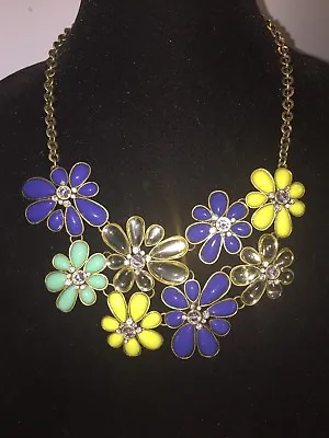 J.Crew Floral Flower Statement Necklace Blue Yellow Silver Teal • $67