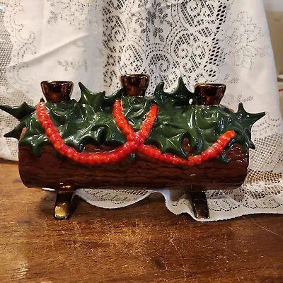 Vintage Atlantic Mold Christmas Yule Log Candle Holder Holly Berries Ceramic  • $34.99