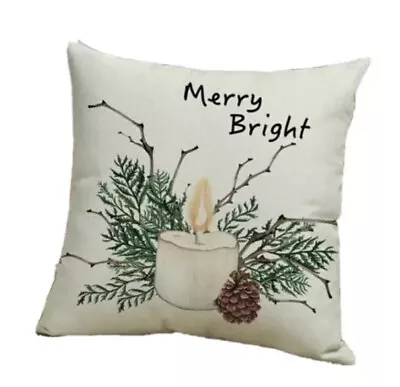 MERRY & BRIGHT Candle Christmas Throw Pillow Cover Winter Holiday Home Decor • $12.26