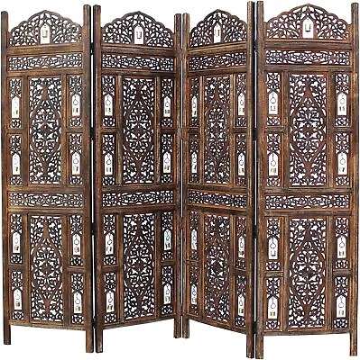 Room Divider Wood Screen - Ghanti Bells Antique Brown 4 Panel Folding 72 X 80 A • $229.99