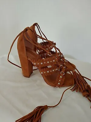 Forever 21 Women's 7.5 Fringe Studded Moccasin Lace Up High Heel Sandals • $24.99