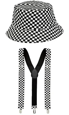 £44.95 • Buy Two Tone Ska 1980's Retro Black White Chequered Braces & Bucket Hat Fancy Dress