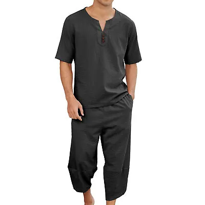 2 Pcs/set Men Top Pants Set Pockets Buttons Pullover Summer Tracksuit Drawstring • $24.55