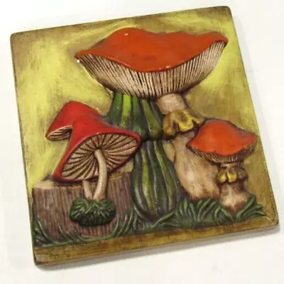 Vintage Mushroom Wall Art Decor Painted Square 3D Plaster Chalkware ? • $8