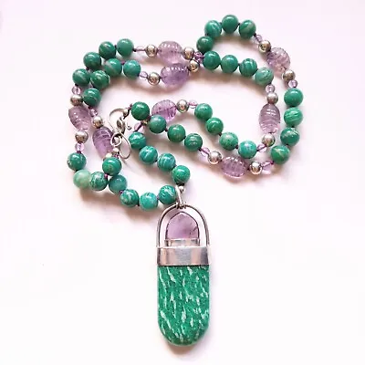 VTG 925 Sterling Silver Green Chrysocolla & Amethyst Hand Knotted 26in Necklace • $42.89