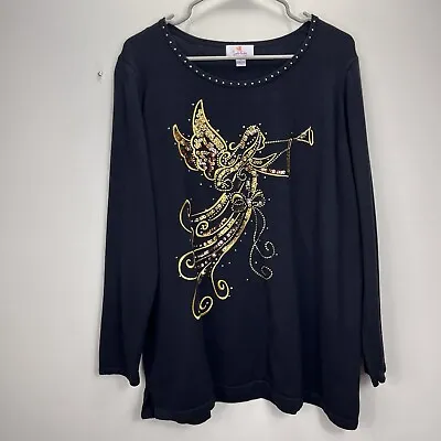 Quacker Factory Embroidered Sequin Rhinestone Christmas Angel Knit Top 1X • $29.99