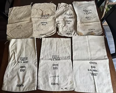 Lot Of SEVEN EMPTY U.S. MINT CENTS $50 CANVAS COIN BAGS (1966) • $74.99