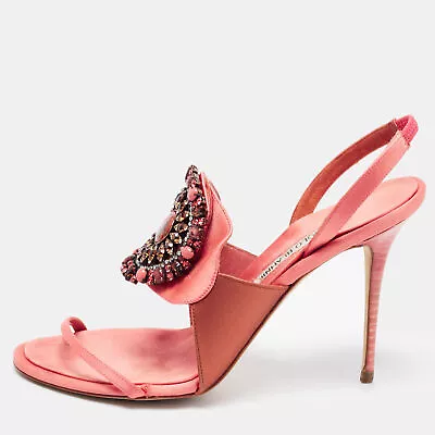 Manolo Blahnik Pink/Brown Satin Crystal Embellished Ankle Strap Sandals • £113.50