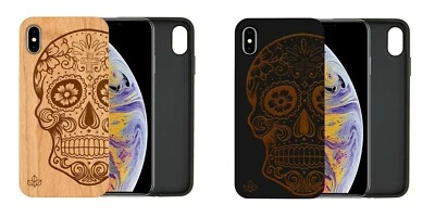 £11.99 • Buy IPhone Samsung Huawei Pixel Natural Wooden Phone Case Engraved Sugar Skull Cover