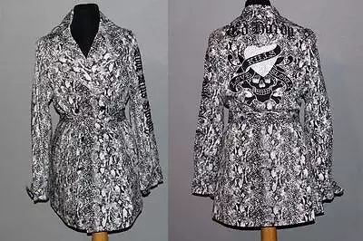 ED HARDY Black White Snake Print Belt Appliqued Rhinestones Trench Coat Wms NWT • $149.99