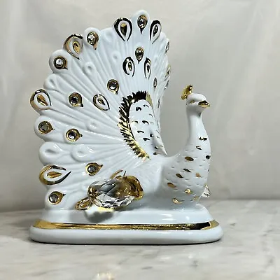 Vintage Capodimonte Glazed Porcelain Peacock Figurine Gold Trim & Crystals ❤️ • $58.50