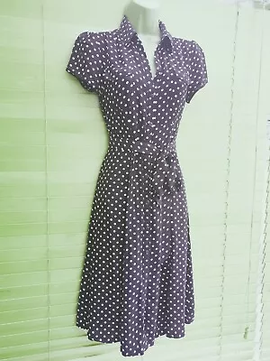 Vintage 40s 50s Style Brown White Polka Dot Repro Party Shirt Tea Dress Size 14 • £29