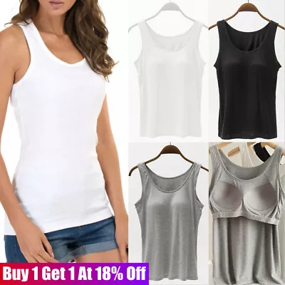 Womens Tank Tops Wide Strap Camisole With Built In Padded Bra Sports Vest Cami • £7.48