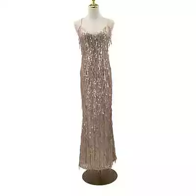 LULU'S M Rose Gold Endless Festivities Sequin Fringe Lace-Up Maxi Dress NEW B154 • $58