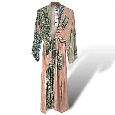 ZARA Womens Printed Kimono Tassels Celia Robe S Green Boho Bohemian • $85.50