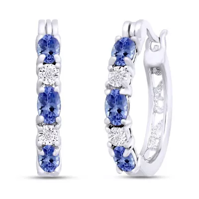 Simulated Blue Tanzanite & Natural Diamond Hoop Earrings Solid 925 Sterling • $103.16