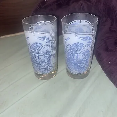 Currier & Ives Vintage Royal Blue Tumblers Frosted 12oz Old Grist Mill Glass X2 • $15