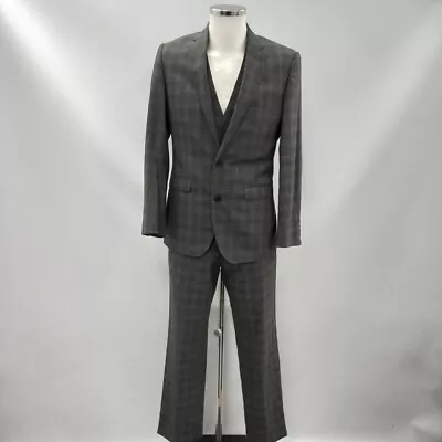 Moss 3 Piece Suit Mens 38R W32S Grey Check Jacket Waistcoat Trousers RMF03-RP • $9.95