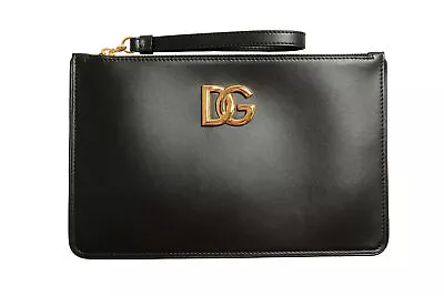 Dolce & Gabbana Women's Black Leather Gold Metallic Logo Clutch Bag • $549.99