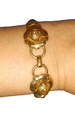 Vintage 1950s Signed CORO Gold Tone Roses Flower Link Bracelet 7 1/4  • $14.55