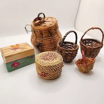 Bundle Of 6 Vintage Boho Miniature Handmade Baskets And Trinket Box Dollhouse • $35