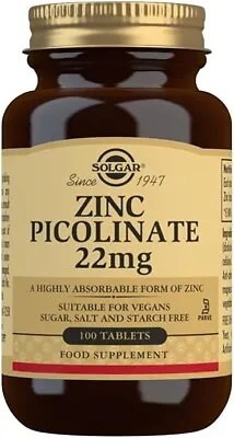 Solgar Zinc Picolinate 22 Mg Tablets Pack Of 100 Fast Delivery • £7.89