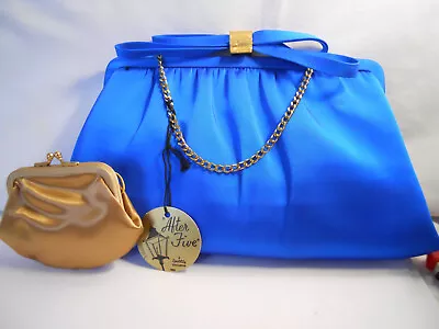 Vintage AFTER FIVE Royal Blue Satin PURSE Lowy & Mund 1950s Handbag 10 X 5 X 1 • $94.03