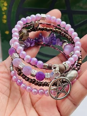 Gothic Witch Pentagram Bracelet Pagan Wicca - Amethyst & Hematite  Protection • £9.99