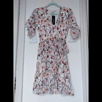 Faux Wrap Ruffle Summer Holiday V Neck Floral Dress With Side Tie 12 NWT • £7.49