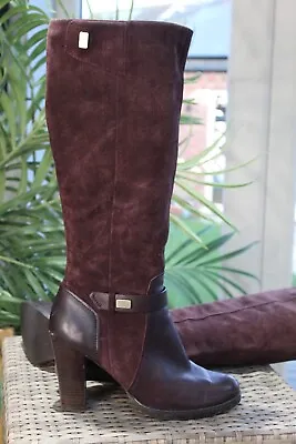 Burgundy Leather & Suede Block Heel Tall Boots Size 7 / 40 By M & S Insolia Used • £9.99