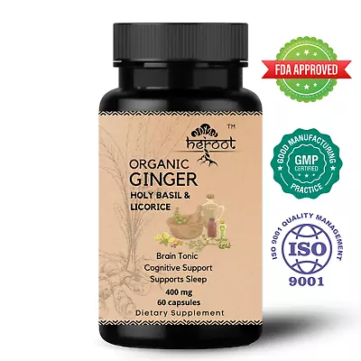 Organic Ginger Holy Basil And Licorice 400 Mg 60 Cap Brain Tonic Support Sleep • £9.42