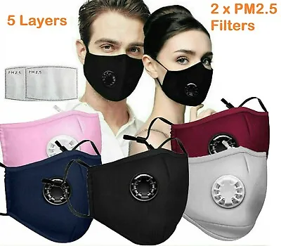 Cotton Face Mask With PM2.5 Filter Pocket Air Valve Washable Reusable Respirator • £3.49