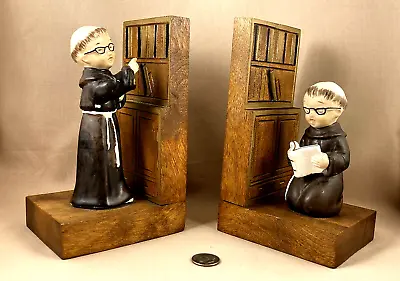 VINTAGE CERAMIC FRIAR AT WOODEN BOOKCASE PAIR BOOKENDS 6 X3.125 X3.625  VGC • $24.99