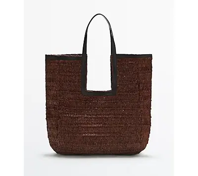 Massimo Dutti Raffia Woven Summmer Maxi Oversize Tote Bag W Leather Handles New • £65