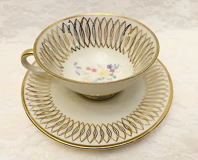 $19.38 • Buy Bavaria Elfenbein Porzellan Footed Tea Cup & Saucer Gold And Floral Mid-Century