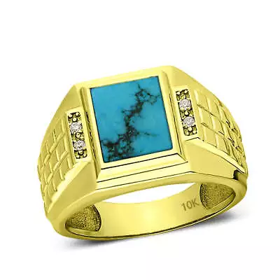 10K Yellow Gold Turquoise Men's Ring With 4 Natural Diamonds • $629