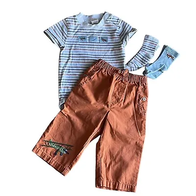 Gymboree Flying Lessons Boys Airplane Bodysuit Pants Socks 12-18 Mos • $12