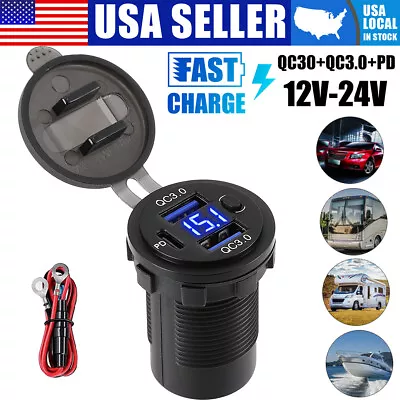 USB Car Charger Dual QC3.0 PD Port With Voltmeter Outlet Socket For 12V Boat RV • $11.77