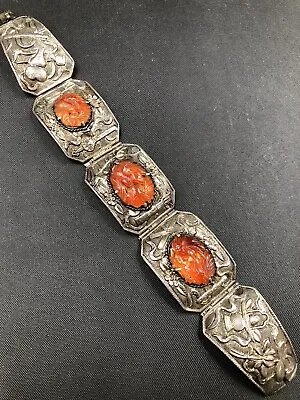 $67 • Buy Vintage Chinese Export Silver Carved Red Jade Panels Bracelet 31 Grams 7” Long