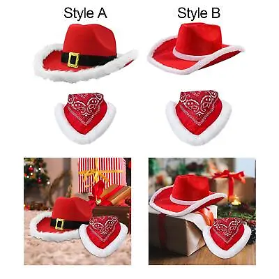 Christmas Cowboy Hat Xmas Cowgirl Hat Soft Santa Hat With Bandana For Music • £10.08