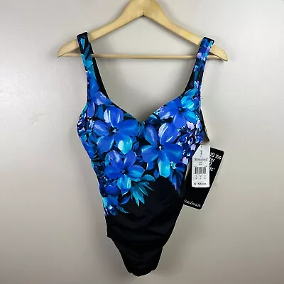 Miraclesuit Amici One Piece Swimsuit Size 16 Floral Slimming Black Blue Beach • $59.99