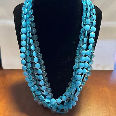 Vintage Necklace 3 Strand Multi Layer Blue Resin Faceted Beaded Gold Tone Clasp • $6.78