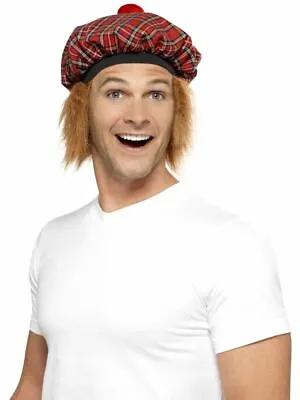 Smiffys Tam-O-Shanter Tartan Hat Red With Hair And Pom Pom - Male - One Size • £5.52