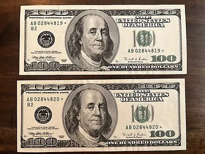 2 $100 US Dollar 1996 Star Notes Consecutive Number 1 Radar Excellent Condition • $900