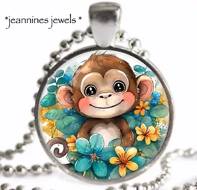 Monkey NECKLACE Watercolor Flowers Silver Charm Pendant Valentines Day Gift • $21.99