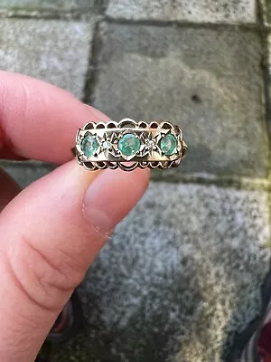 9 Ct Gold Ring Diamond & Emerald Cluster Ring Size P 9k 375 Hallmarked • $257.79