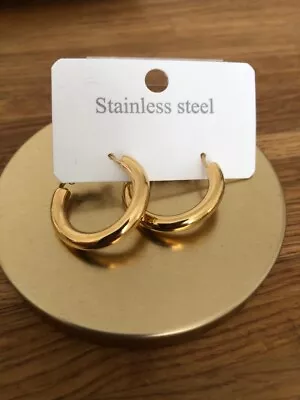 £6.80 • Buy 14K Gold Plated Stainless Steel Waterproof Non Tarnish Medium Size Hoop Earrings