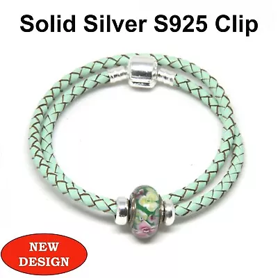 Double Leather Bracelet With S925 Silver Clip Stoppers & Murano Charm Green • £14.99