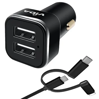 2-Port USB Car Charger Socket 12V Adapter With 3-in-1 Charging Cable Phone Lead • £9.99