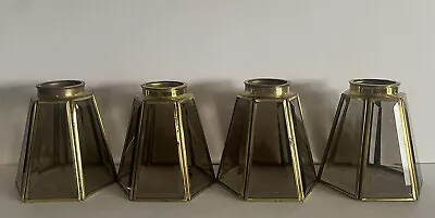 Vintage Brass 6 Panel Beveled Smokey Glass 4 Chandelier Replacement Shades • $29.99